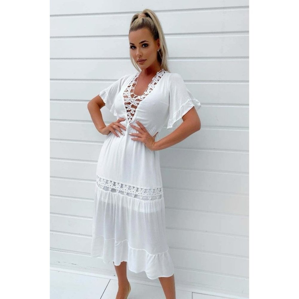 White Crochet Trim Short Sleeve V-Neck Midi Dress - Picture 3 of 8